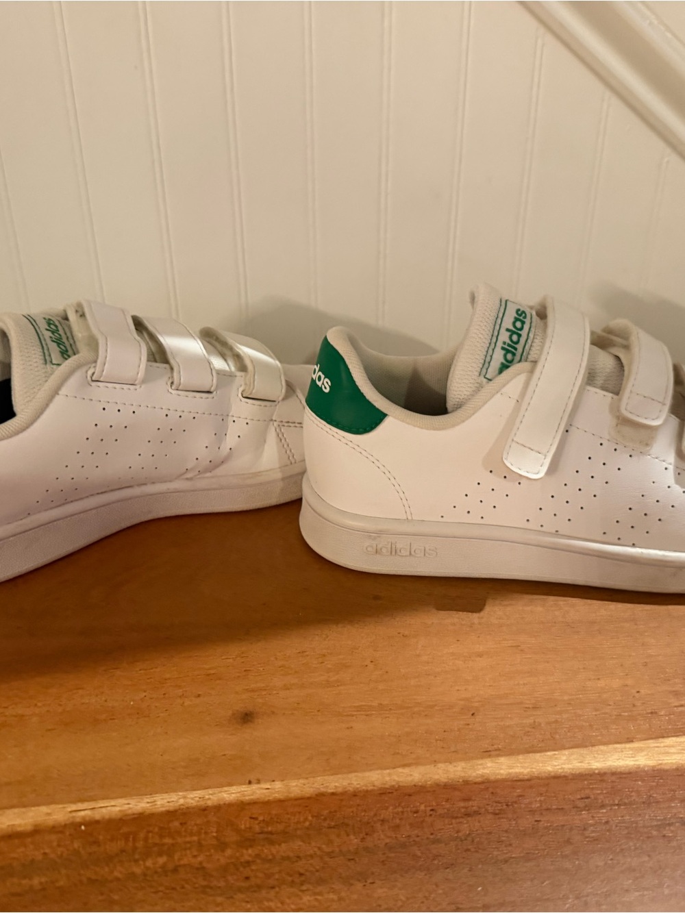 adidas Kids White Sneakers with Green Heel Tab and Velcro Straps